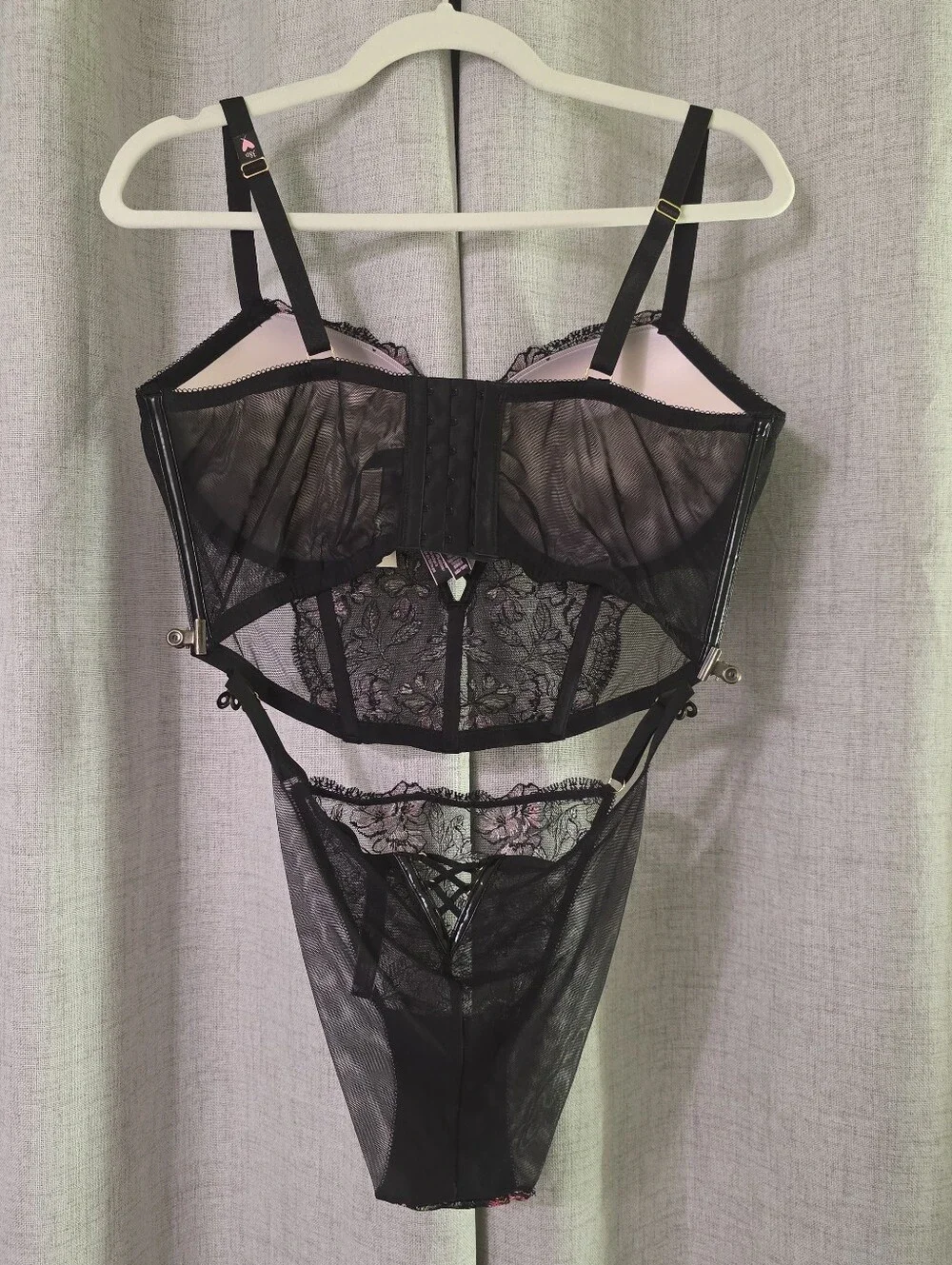 Victoria's Secret Floral Embroidered Black Lace Bustier Set